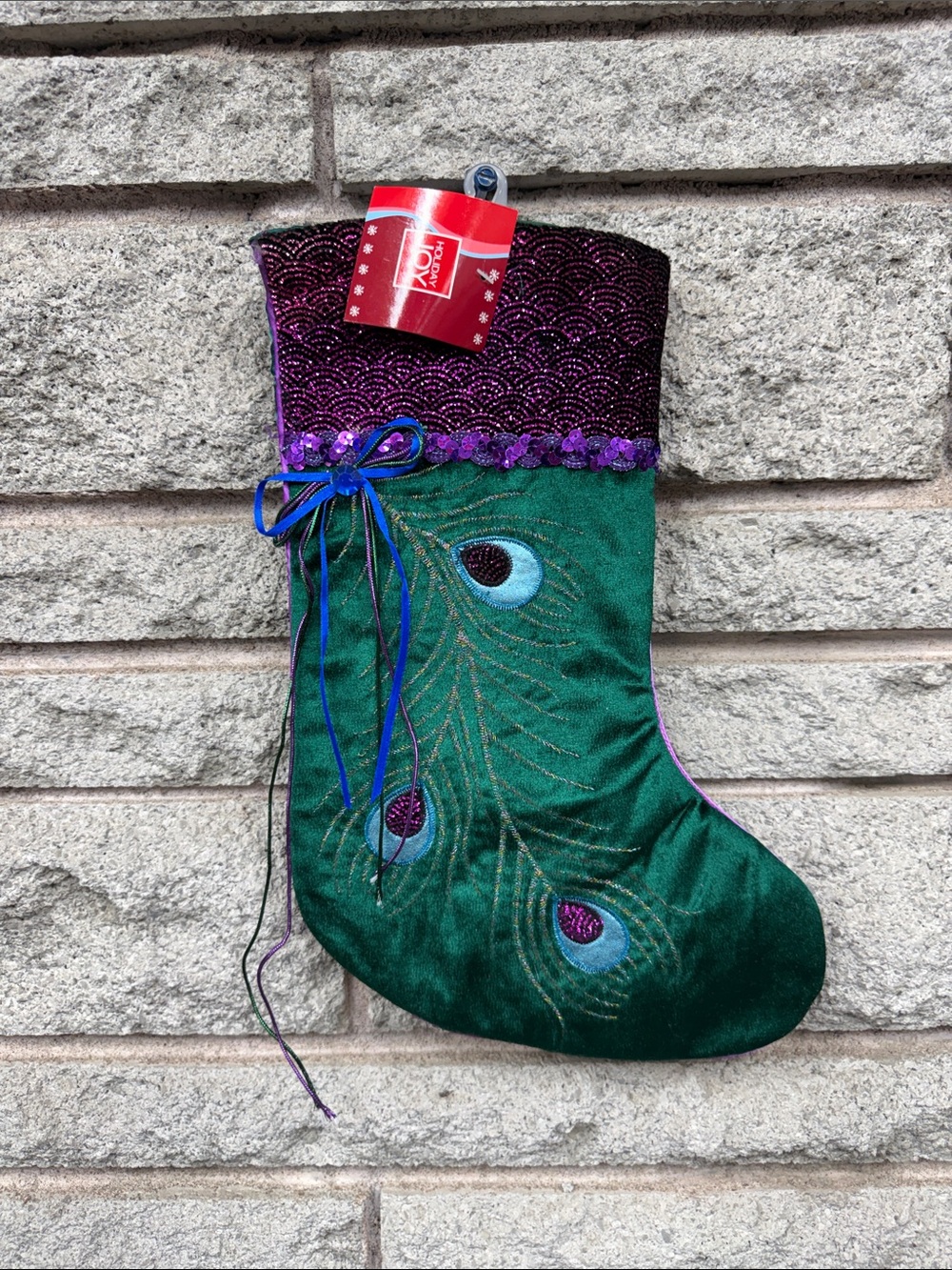 Vintage Festive Green Peacock Embroidered Holiday Stocking with Purple Trim